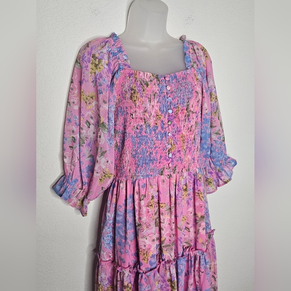 NWT Ivy City Co. Rowan Midi Dress in Pink Multi Smocked Tiered Ruffle Hem Medium - Picture 2 of 10